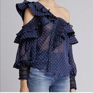 Self-Portrait One-shoulder Plumetis Ruffled Top